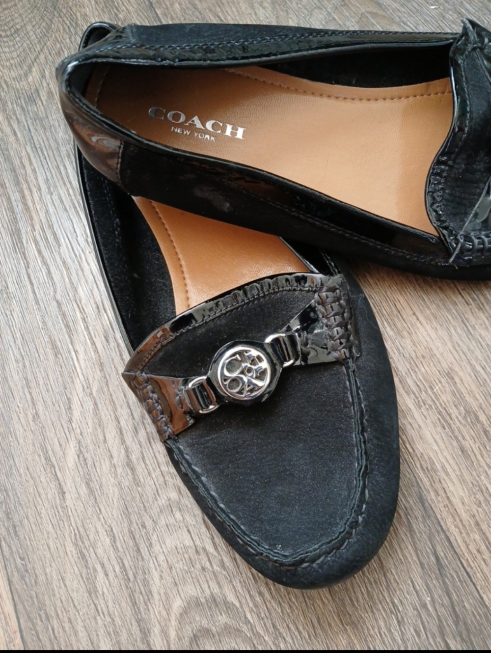 Coach Black Fonda Black Suede and Patent Leather Loafers Flats Driving Moc